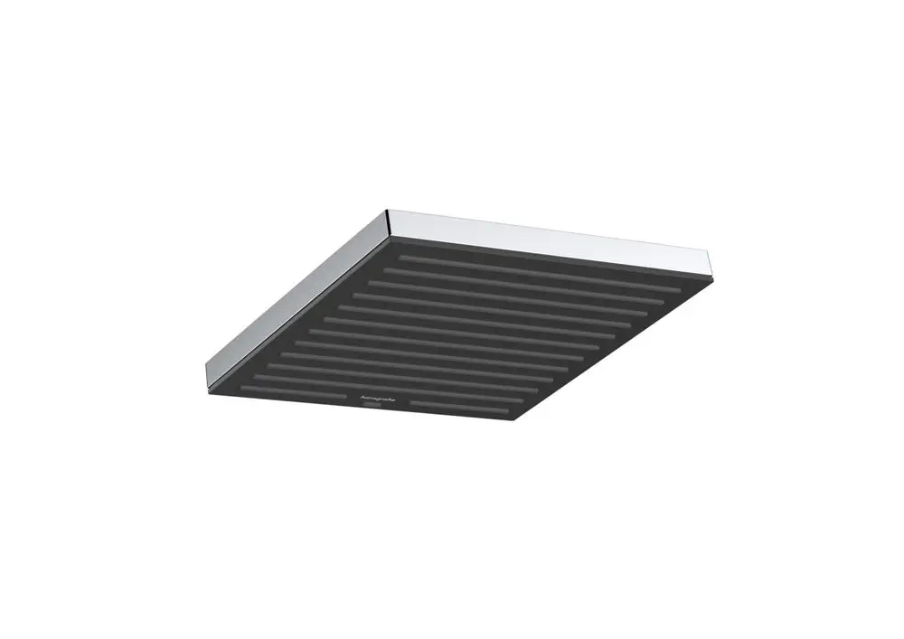 Kopfbrause in rechteckiger Form mit glatter Oberfläche und gerilltem Design, montiert an einer Decke. Produkt von Hansgrohe, in chromfarbener Ausführung.